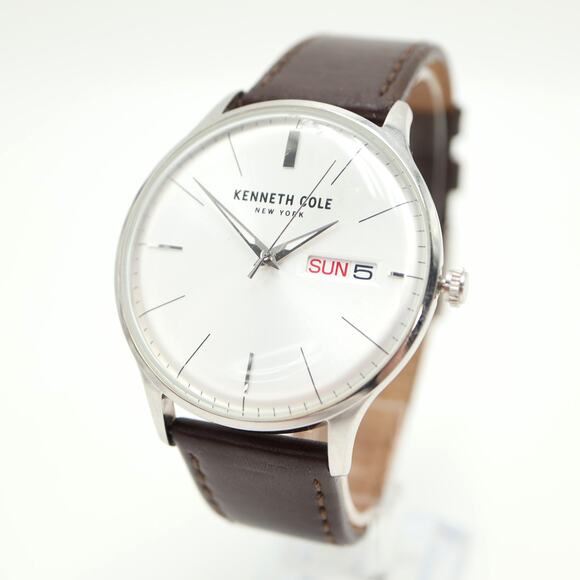 Kenneth Cole NY Mens 43mm Day Date Classic Watch Brown Leather w New Battery - Picture 1 of 14